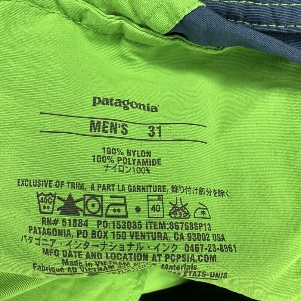 Mens PATAGONIA Board Shorts Size 31 Green‎ And Blue Swimsuit Drawstring